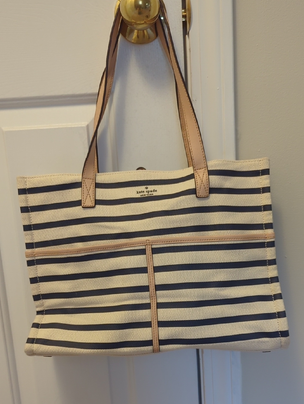 kate spade Navy & Cream Striped Canvas Tote with Tan Trim